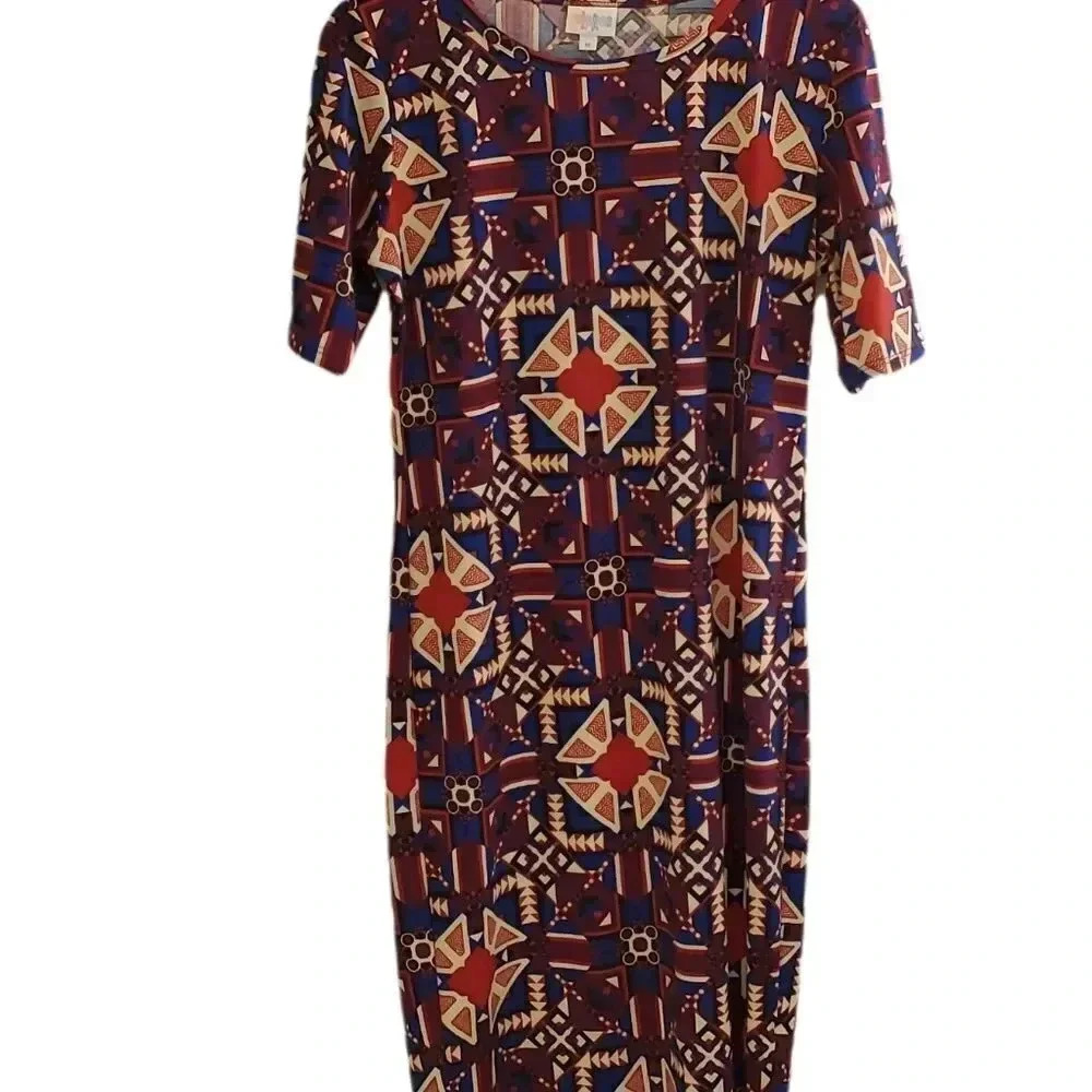 Lularoe Geometric patterned blue, gold and red dress Size Medium